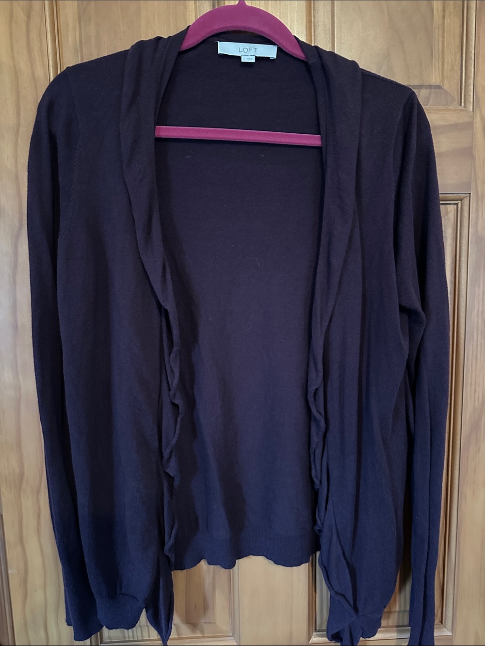 LOFT deep purple Open-Front Ruffle-Trim Cardigan